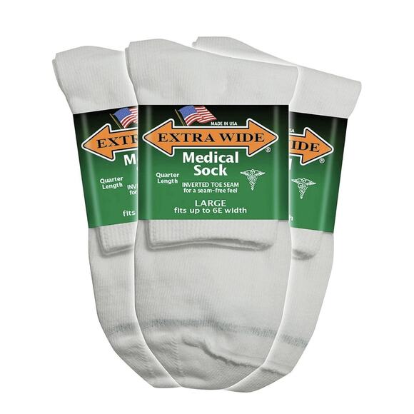 Extra Wide Socks Medical Diabetic Quarter Length, Size Large 12-16 WHITE 3-Pack - Picture 1 of 3
